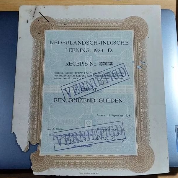 Surat Berharga Penjajahan Belanda 1000 Gulden Nederlandsche Indie Leening Tahun 1924