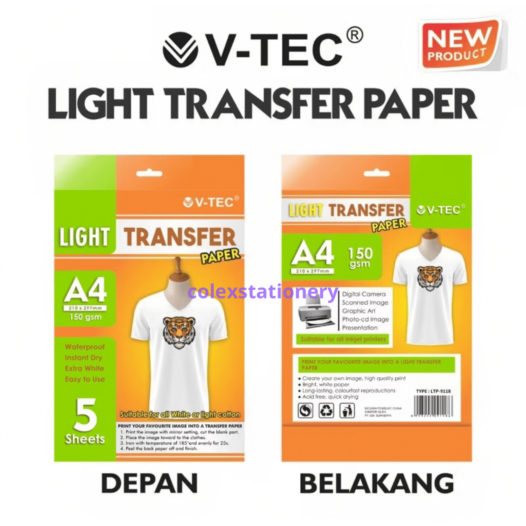 

Kertas Sablon Baju / Kertas Light Transfer Paper Warna Putih Ukuran A4 150 Gsm Isi 5 Sheets Waterproof Vtec
