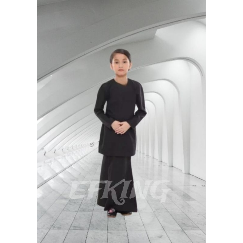 Setelan baju kurung anak wanita modern bahan satin valvet polos one set tunik pakaian melayu kebaya 