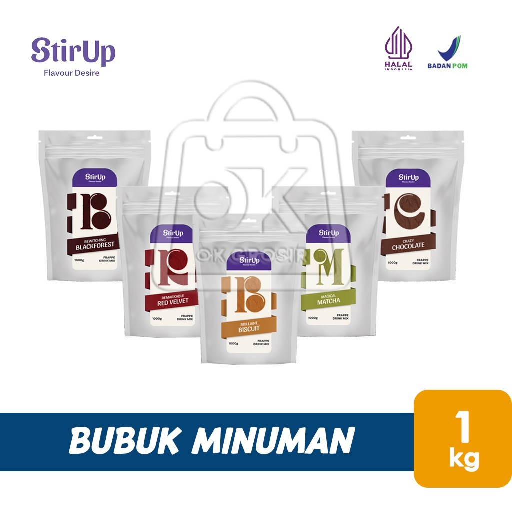 

Bubuk Minuman Stirup Stir Up Matcha / Red Velvet / Coklat / Blackforest /Biscuit Frappe Powder (Kemasan 1Kg)