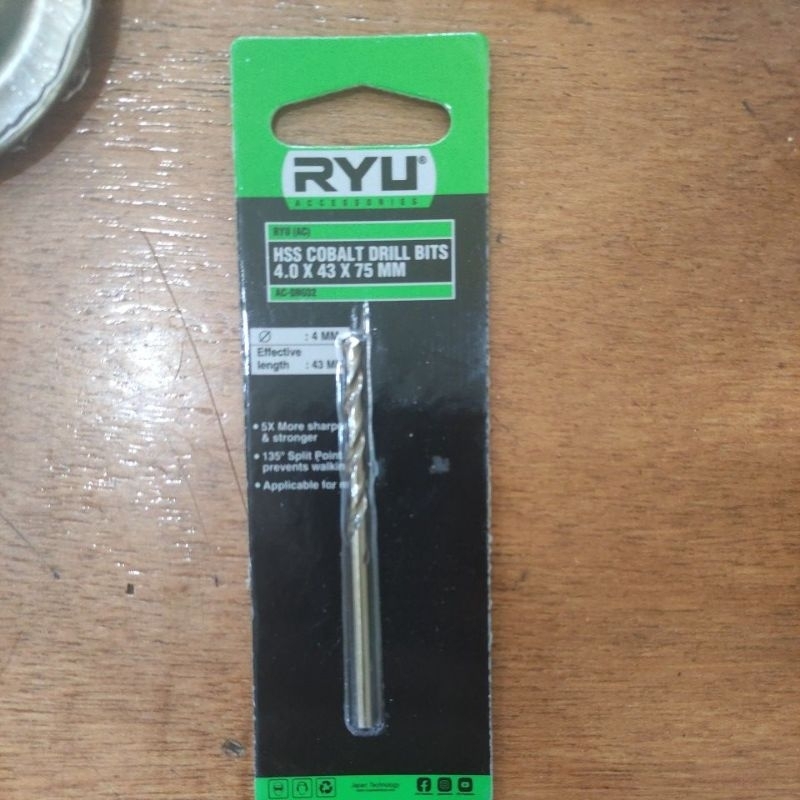 mata bor besi kayu hss COBALT RYU 4.0x43x75mm (4.0mm) / mata bor ryu hss cobalt 4.0mili /mata bor be