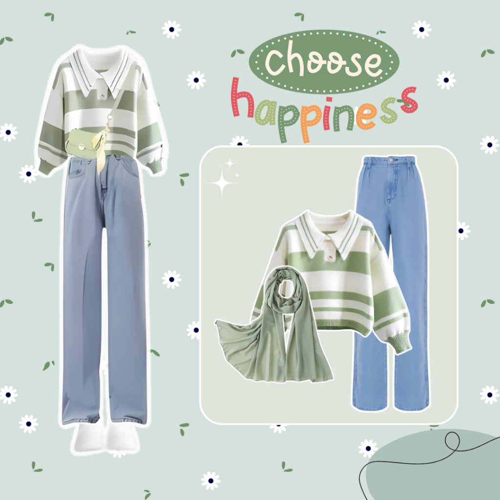 Setelan Wanita Remaja 3in1 Korean Style (Sweater, Celana jeans, Pasmina) Outfit Nongki Kuliah Kerja 