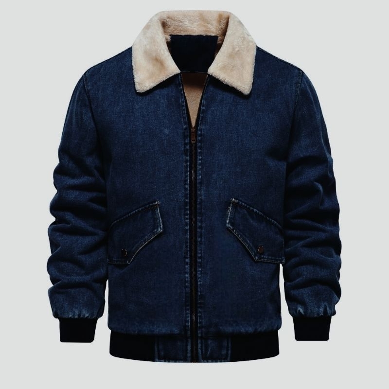 Jaket jeans pria model bomber kerah bulu jaket casual denim jaket komando jaket pilot