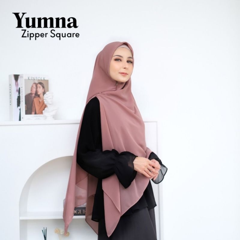 heymacha hijab Yumna zipper square hijab instan ceruty premium/hijab instan/Khimar Zipper Resleting 