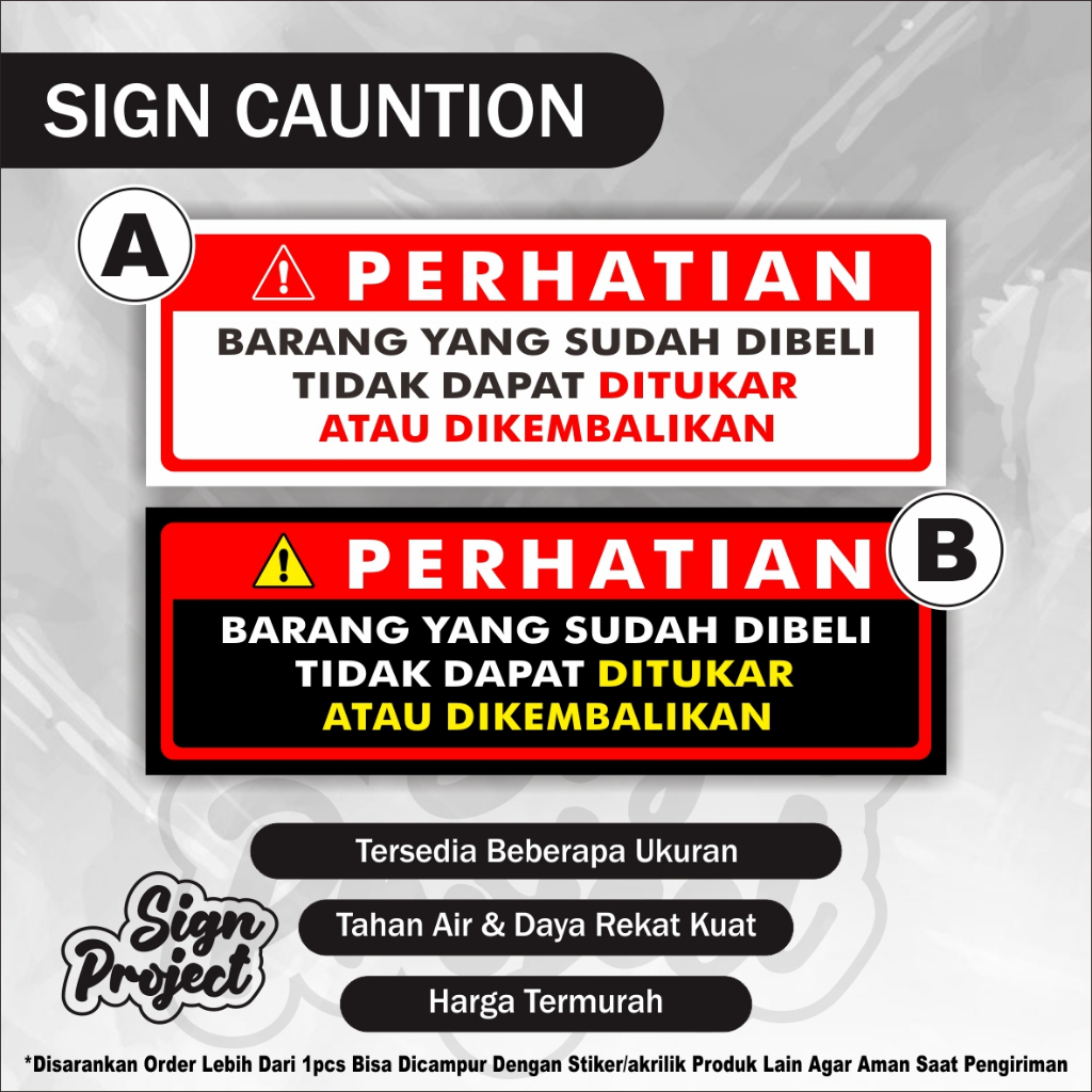 

Stiker Barang yang sudah dibeli tidak dapat ditukar / Stiker Barang yang sudah dibeli tidak dapat dikembalikan / Stiker produk tidak dapat Ditukar Super Market Indomart Mini Market Swalayan