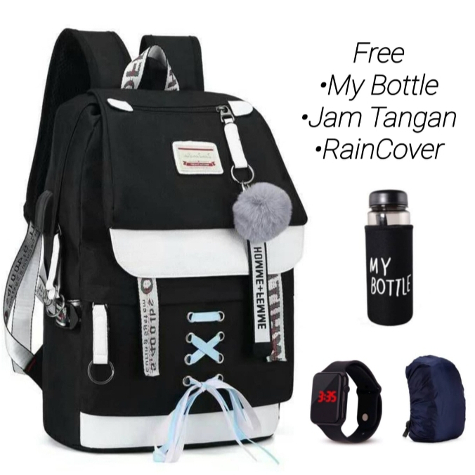 Donesubego - [Free Botol + Jam] Tas Ransel Polos Sekolah SD SMP SMA Aesthetic Korea Style Wanita