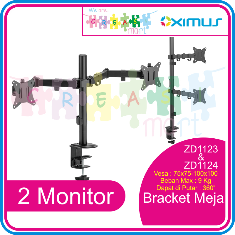 Oximus ZD1123 & ZD1124 Bracket Meja 2 Monitor / TV / LCD / LED (VESA Max 100x100) Tilt Swivel Rotate