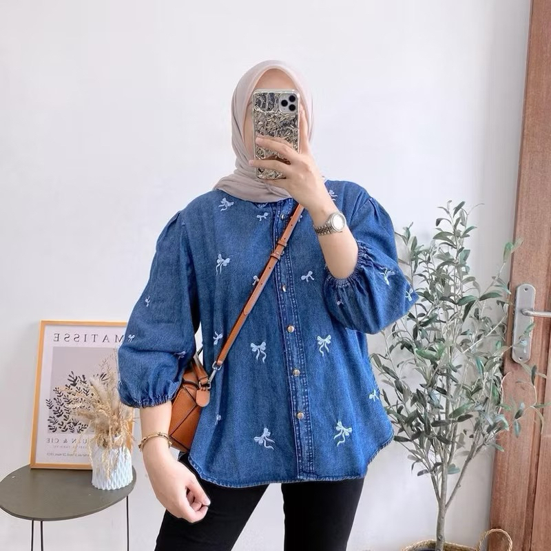 Kemeja Oversize Jeans Jumbo Atasan Wanita LD 120 Bahan Jeans Wash Snow