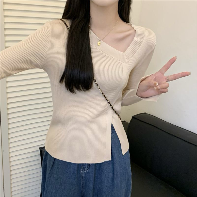 Blouse Fashion Rajut Wanita V-Neck Lengan panjang Atasan Wanita Premium Tebal Samping Ada Belahan