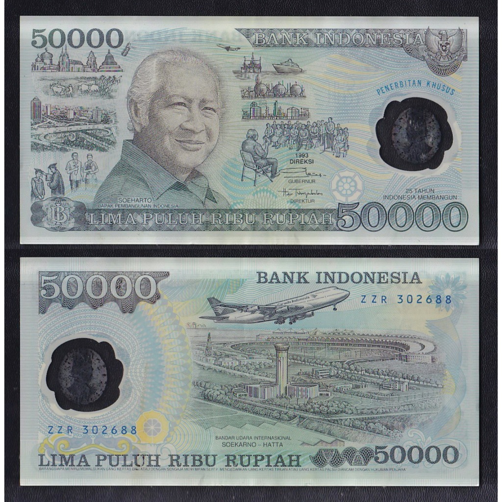 Uang kuno polymer 50000 rupiah tahun 1993 Suharto