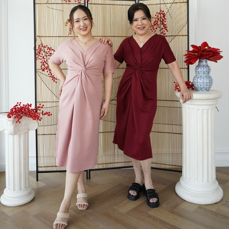 Lana Dress Midi Scuba Lengan Pendek V Neck Dres Gaun Terusan Wanita