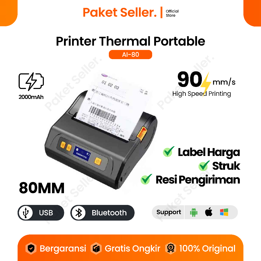 Printer Thermal Portable 80mm Bluetooth + USB / Cetak Struk POS / Resi Pengiriman / Barcode Produk /
