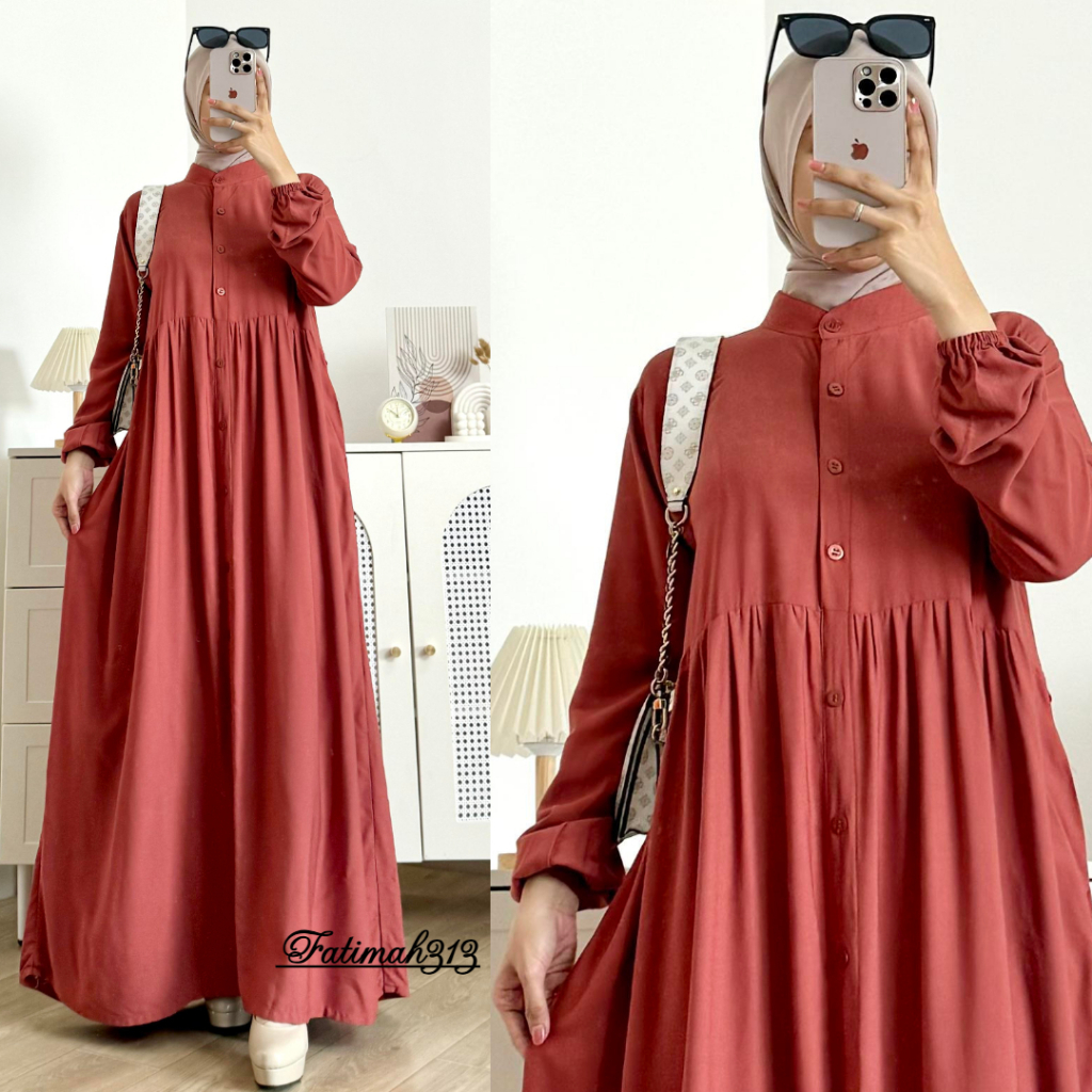 Nadira Dres/Gamis Wanita Muslim Motif Polos Bahan Rayon Twill Size XL & XXL Ld 110 & 120 By Fatimah3