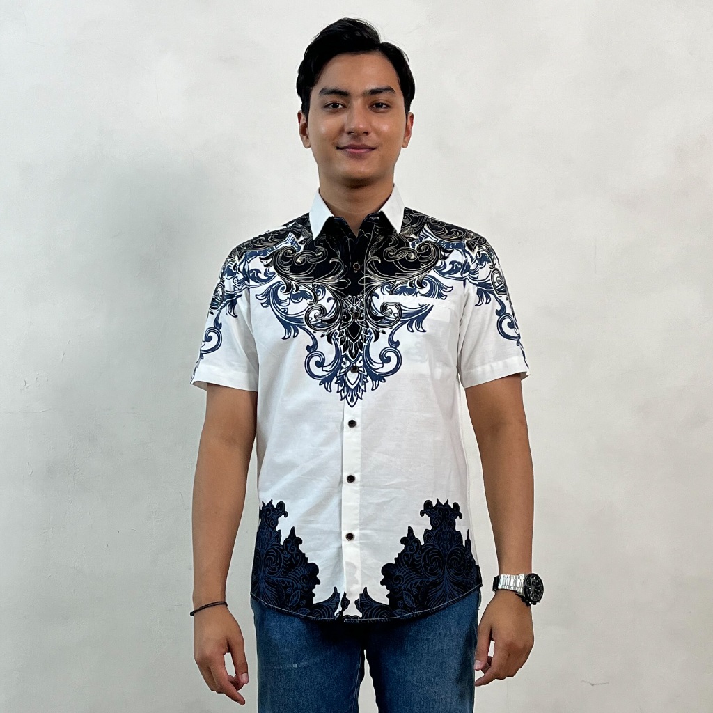 LUIGI RICCIO Kemeja Batik Pria Modern Slimfit Dewasa White Series Sampai 5XL Casual Kerja Kantor