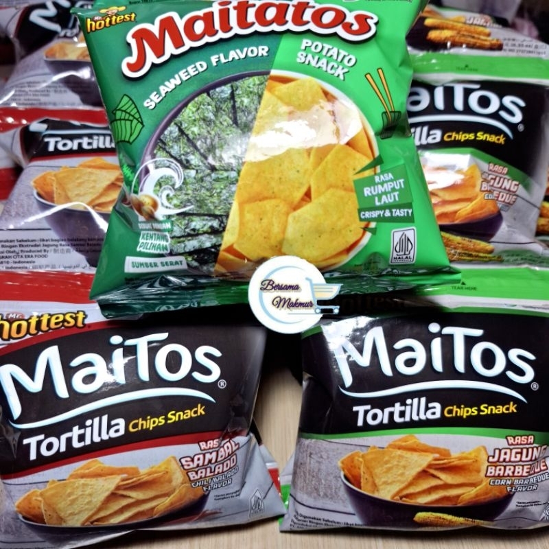 

Potato Chips snack Maitos Maitatos Tortilla Hottest seaweed balado BBQ 1 renceng.