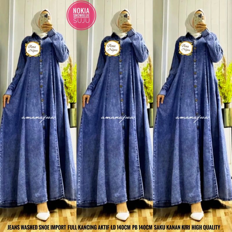 Gamis Jeans Wanita Super Jumbo Big Size Dress LD 140 Bahan Jeans Washed Snow Import