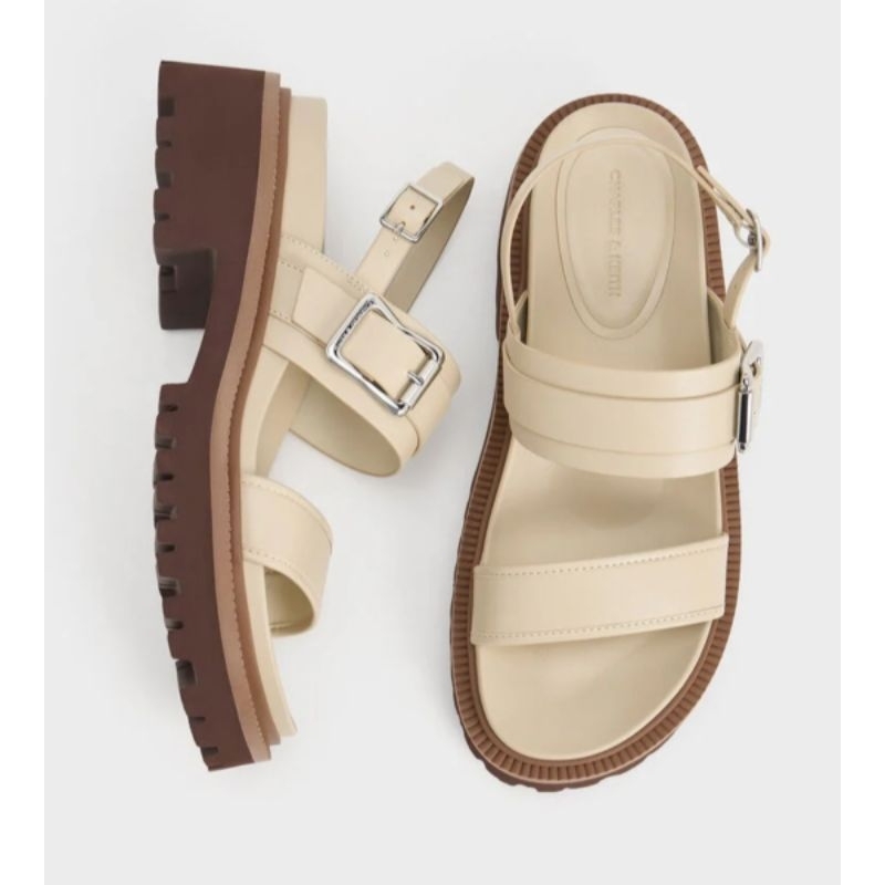 CHARLES & KEITH SANDAL SLINGBACK PALTFORM/PLATFORM BUCKLED TAUPE/SANDAL CHARLES & KEITH WANITA TERBA