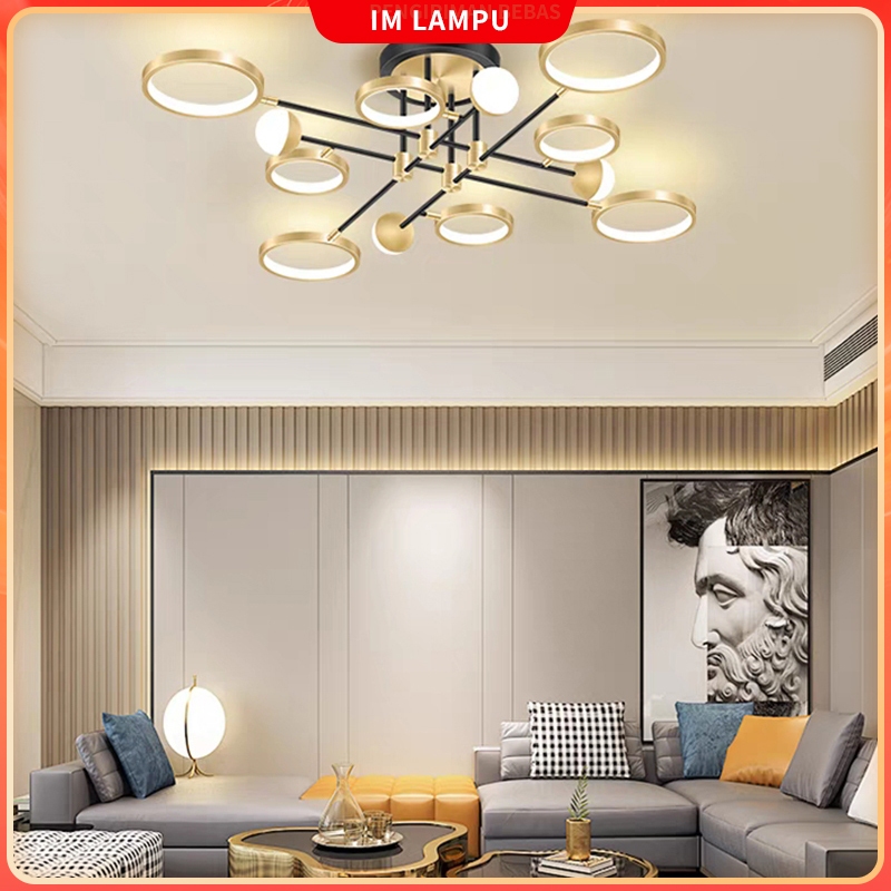 (Remote) Lampu gantung plafon mewah emas LED ruang tamu lampu gantung besar kamar tidur/makan 3warna