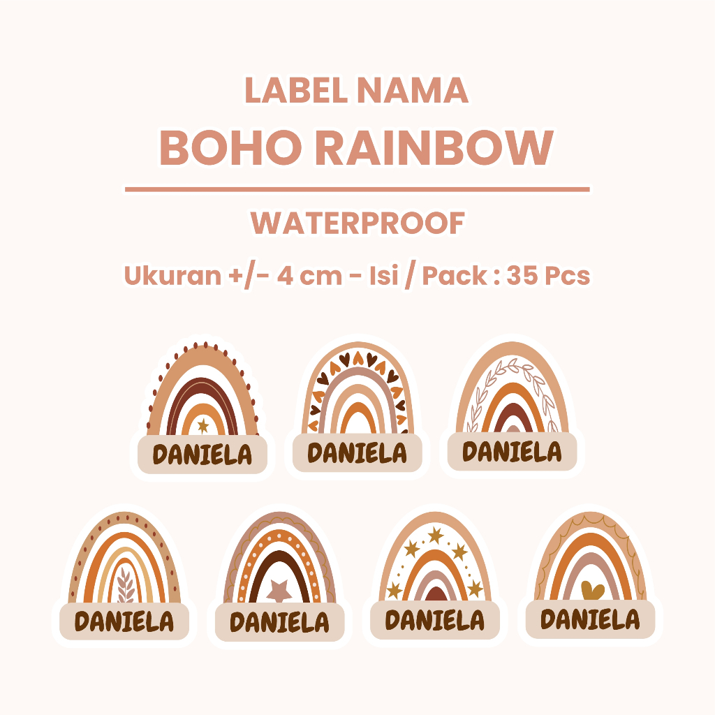 

35 pcs STIKER LABEL NAMA ANAK WATERPROOF CUSTOM BOHO RAINBOW