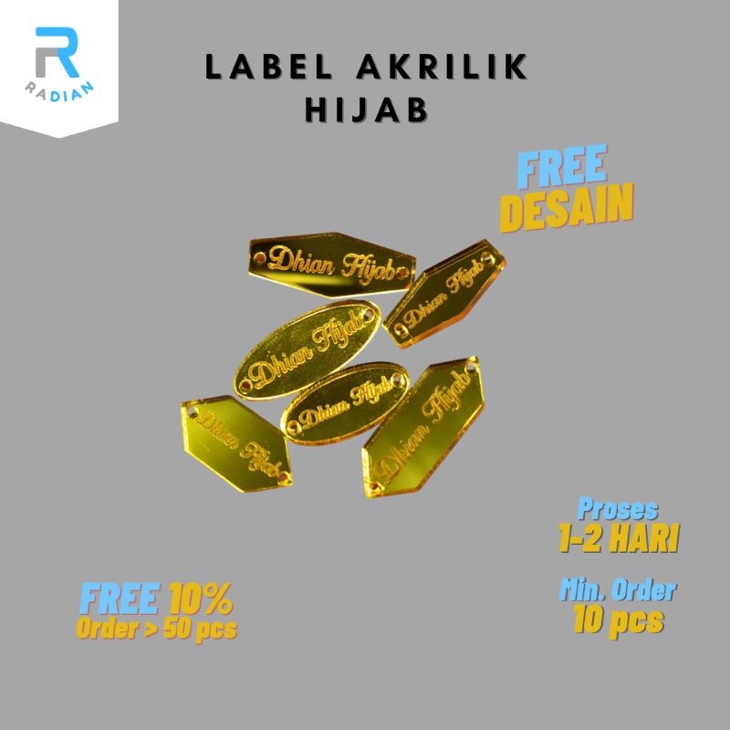 

Label akrilik Nama Jilbab custom Nama Hijab Label hijab label jilbab label branding label custom label laser cutting grafir label gold rosegold silver | Radian Creation