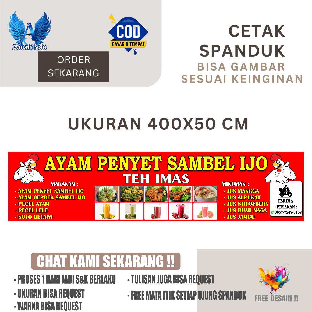 Cetak Spanduk Cetak Banner AYAM PENYET SAMBAL IJO UKURAN 400X50 Costom desain400x50