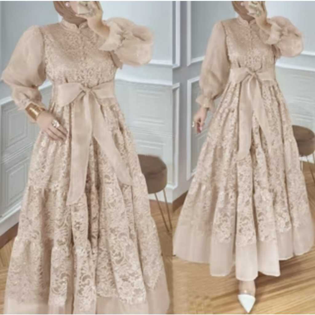 Gamis organza / Gamis Brukat Organza kombinasi Mutiara / Pakaian Muslimah