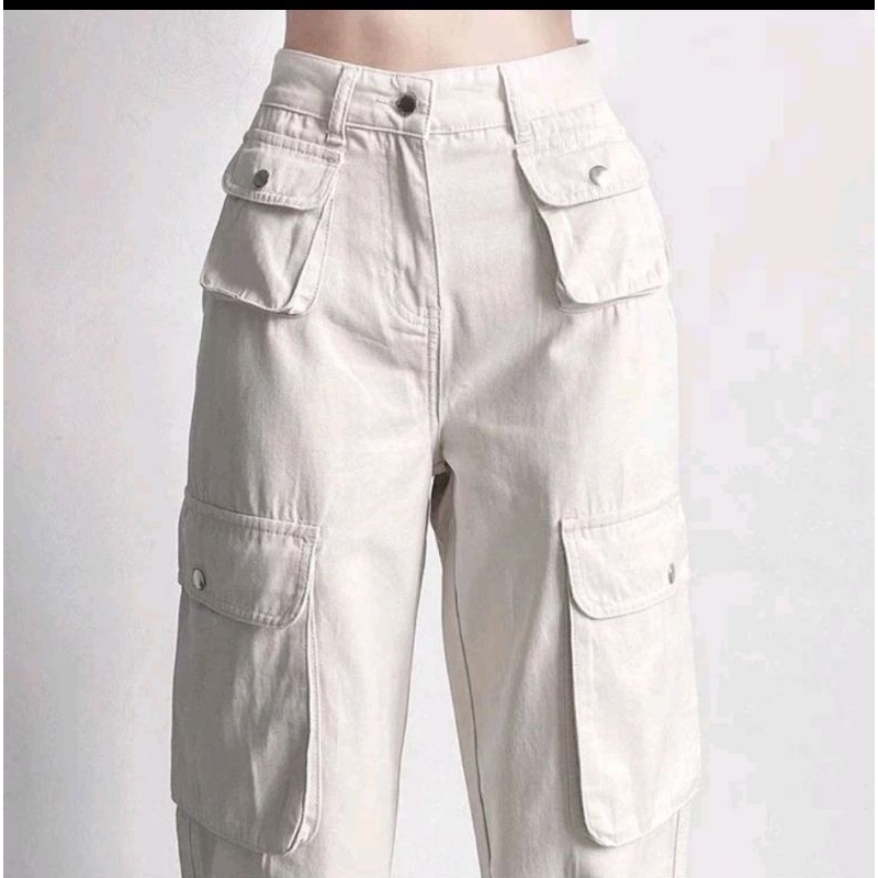Celana Cargo Krem Highwaist Wanita-Celana Cargo Denim Pasir Putih New-Celana Cargo Wanita