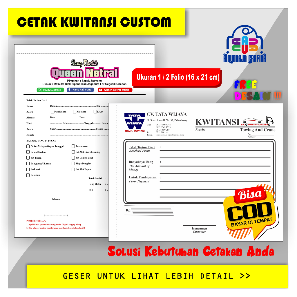 

Kwitansi custom , cetak kwitansi custom ukuran 1/2 atau 16x21 cm