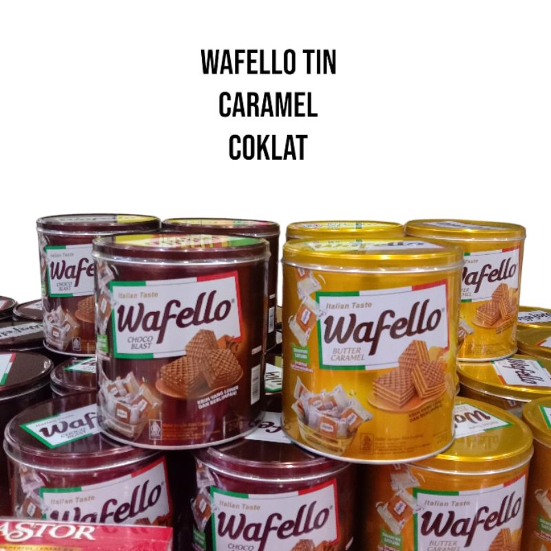 

Wafello kaleng rasa Coklat & Karamel wafer rasa karamel 228gr dan wafer rasa coklat 234gr cocok untuk cemilan keluarga