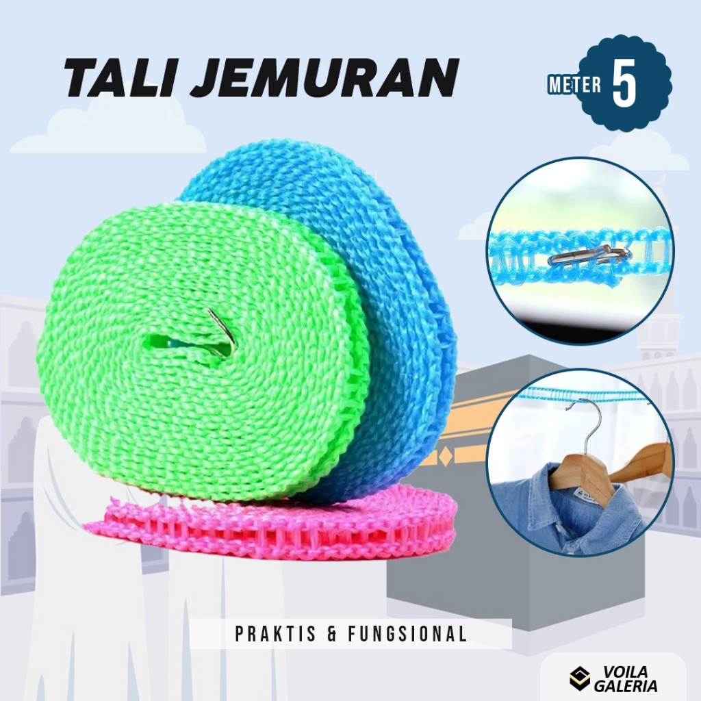 Tali Jemuran Portable 5 Meter Traveling Haji Umroh - Tali tambang untuk baju pakaian