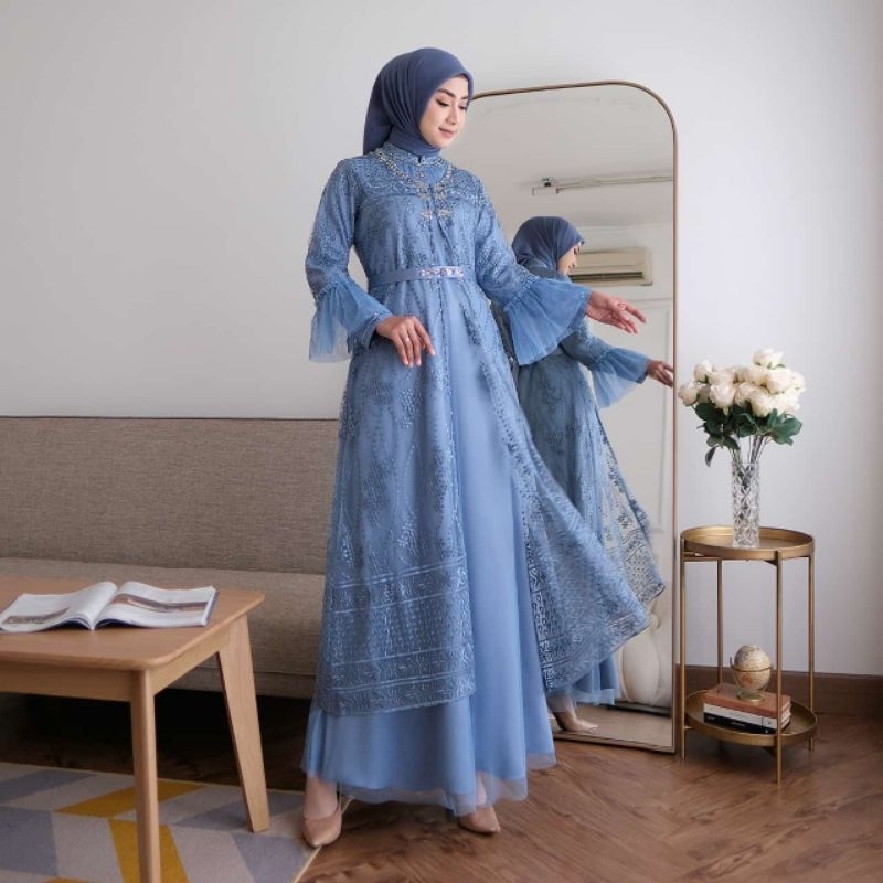 Gamis Brokat Tille Abu-Abu Original Branded - Gamis Lebaran Trending - Gamis Pesta Kekinian