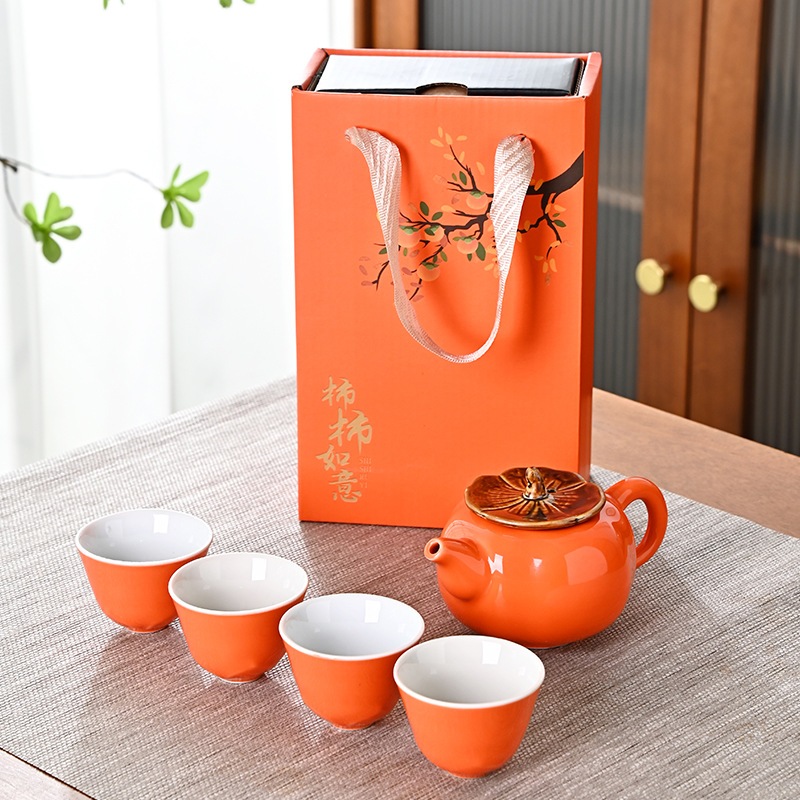 Chinese Tea Pot Set Persimmon Ruyi tea set Chinese Tea Pot Motif Labu Keramik Tea Set Gift Set Hampe