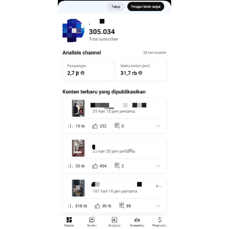 Akun Youtube 300K subscriber + dismon | tag 50k 100k 150k 200k 500k 900k