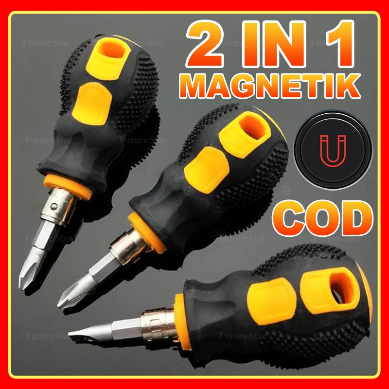 Obeng Pendek 2 In 1 / Obeng Bolak Balik Cebol / Plus Minus Magnet 2 In 1 6.3*35mm Mini Screwdriver S