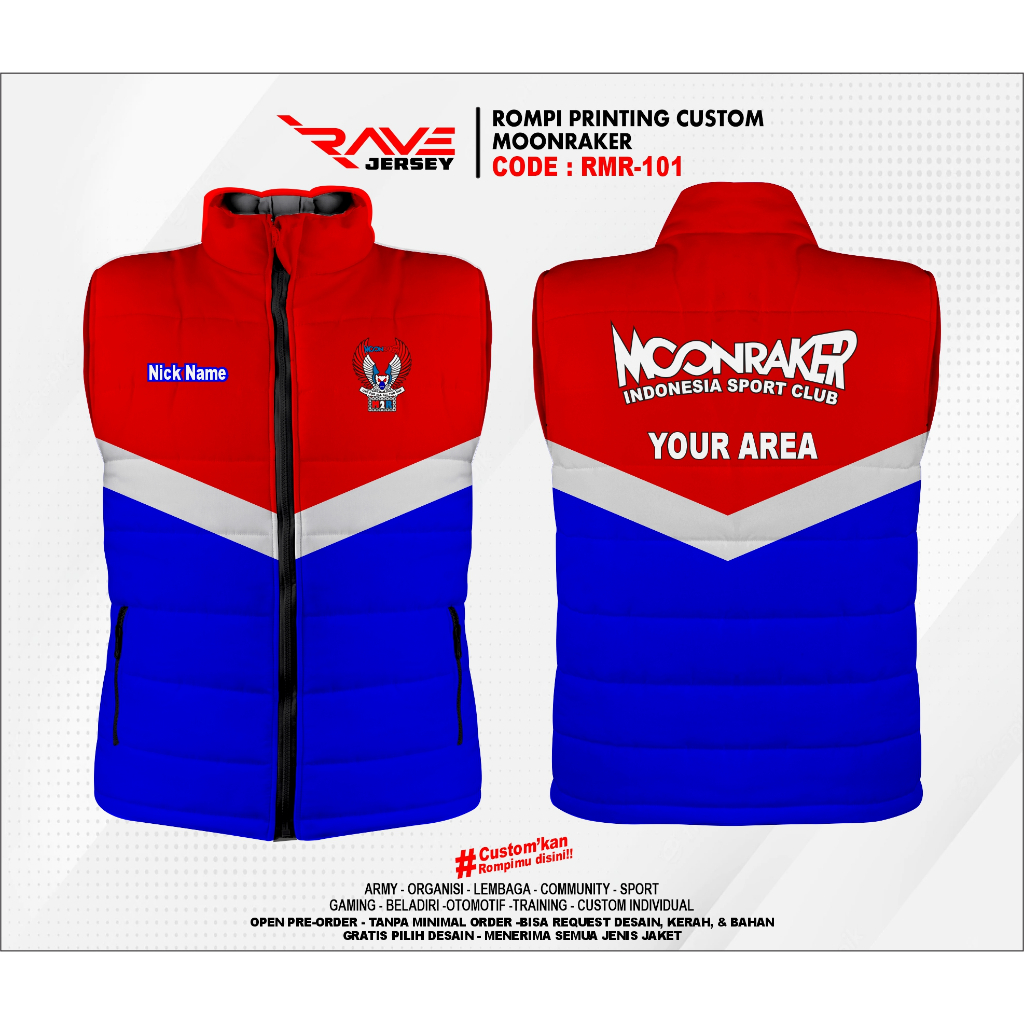 ROMPI PUFFER/DACRON.GELEMBUNG MOONRAKER FULL PRINTING CUSTOM (DESAIN SUKA SUKA)