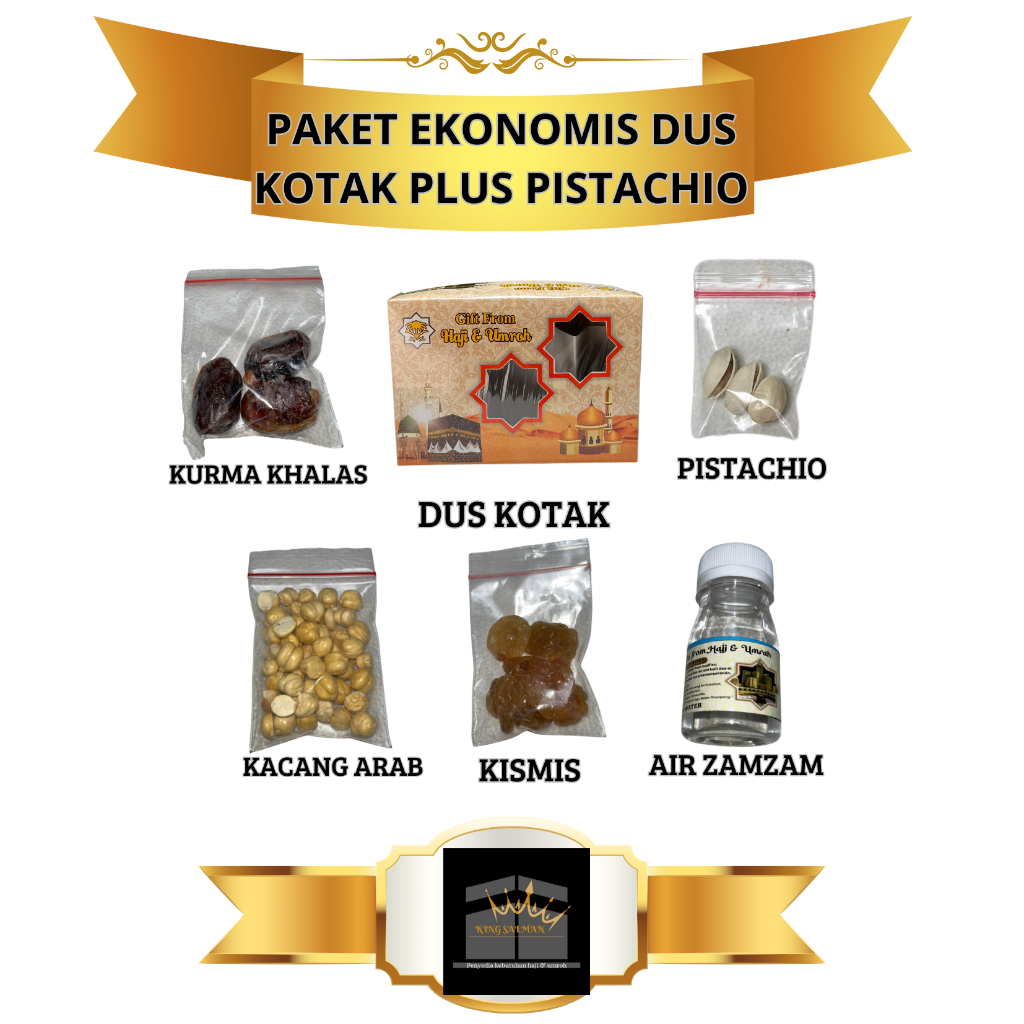 

Oleh-Oleh Haji dan Umroh paket ekonomis dus kotak plus pistachio dan zamzam
