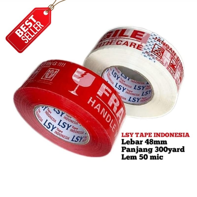 

lakban fragile merah & putih CBM merk LSY TAPE INDONESIA terlaris