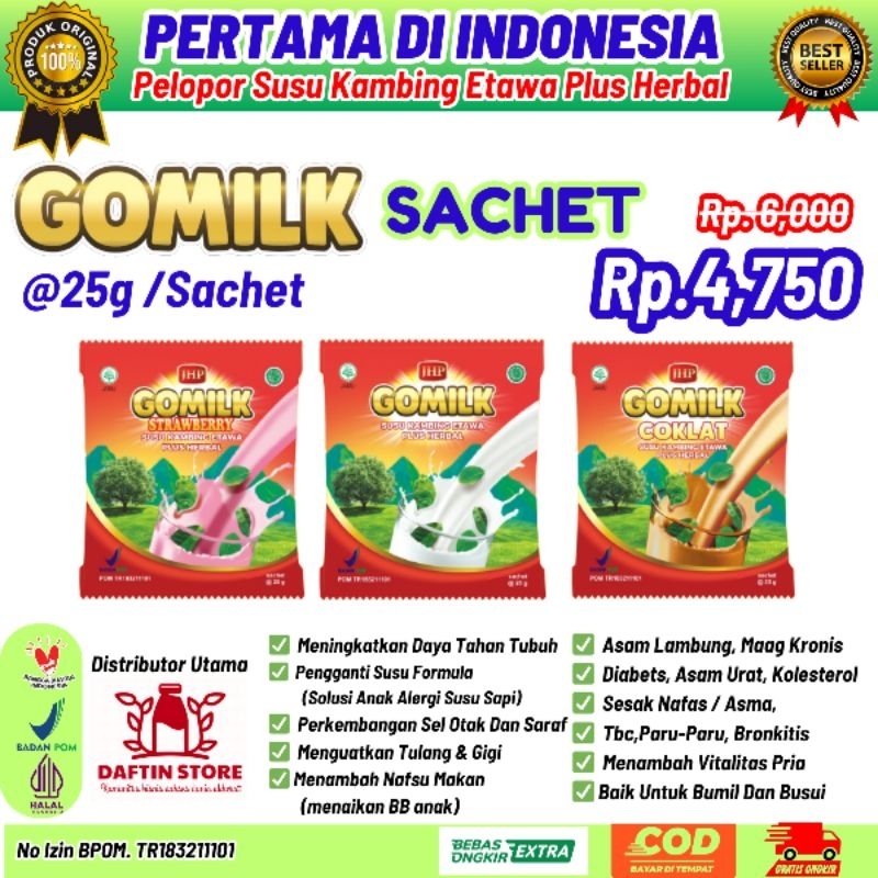 

GOMILK susu kambing etawa bubuk plus herbal daun kelor,salam kemasan sachet free jahe merah asli 100% Rasa original,coklat, stroberi atasi nyeri sendi dan tulang,penambah berat badan anak,imun asi booster untuk usia1 tahun,manula,lansia,ibu hamil,menyusui