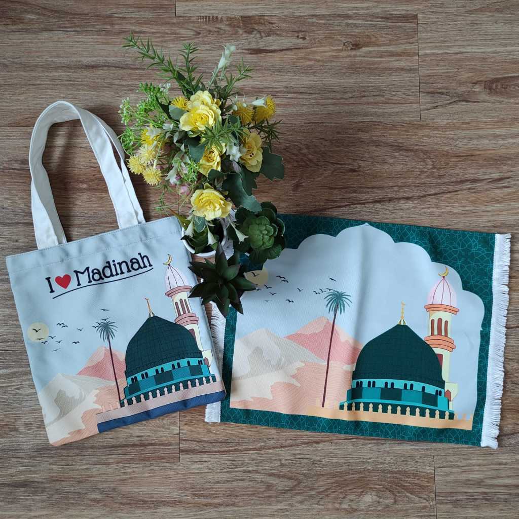 Sajadah Mini Muka + Totebag Desain Nuansa Madinah I LOVE MADINAH Oleh oleh Haji Umroh Kanvas Premium