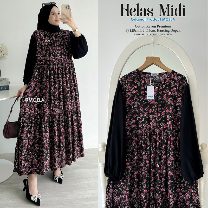 Midi Dress Gamis Kombinasi Polos Motif by MOELA liner minun helas oinur kunei