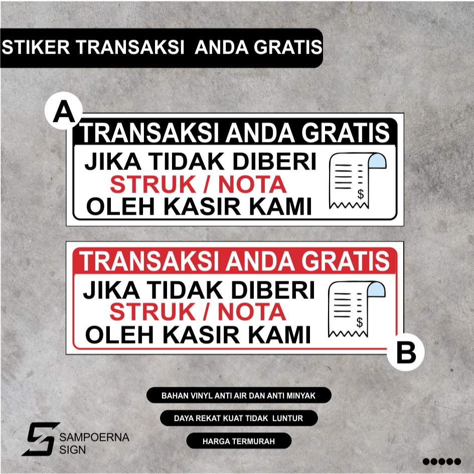 

Stiker Transaksi Gratis Apabila Tidak Dibeli Struk Nota Pembayaran Oleh Kasir Kami / Stiker transaksi gratis / Stiker Struk Nota