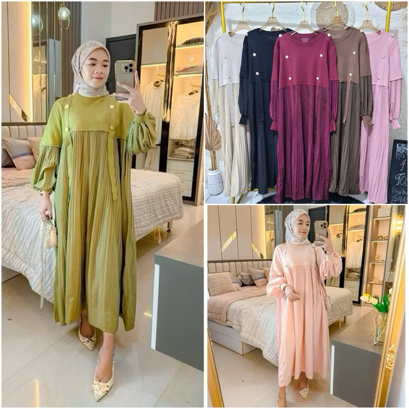 TATAOS BANGKOK BY SALSABILA EVA DRESS GAMIS BUTTON COTTON MIX KNIT RAJUT STRECH PLISKET PLEATS IMPOR