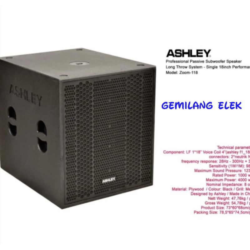 Speaker Subwoofer Pasif ASHLEY ZOOM 118 Original 18 inch