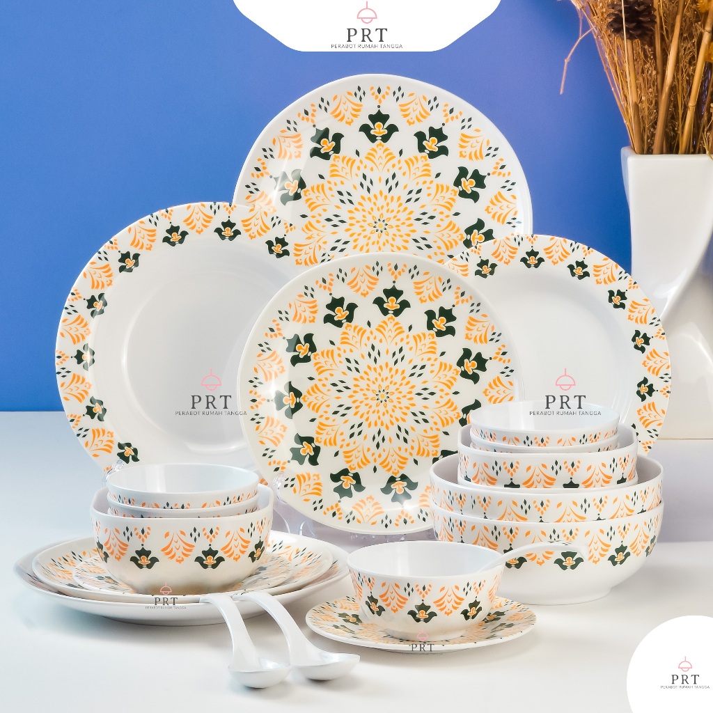 Piring Makan Set Melamin Asli 100% Piring Mangkok Motif Bohemian Bunga Hijau Mewah Mirip Keramik