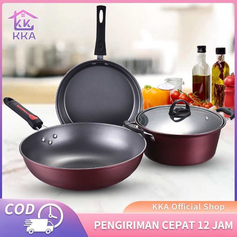 3IN1 Panci Set Lengkap Anti Lengket Panci Set Wajan Anti Lengket Serbaguna Panci Set