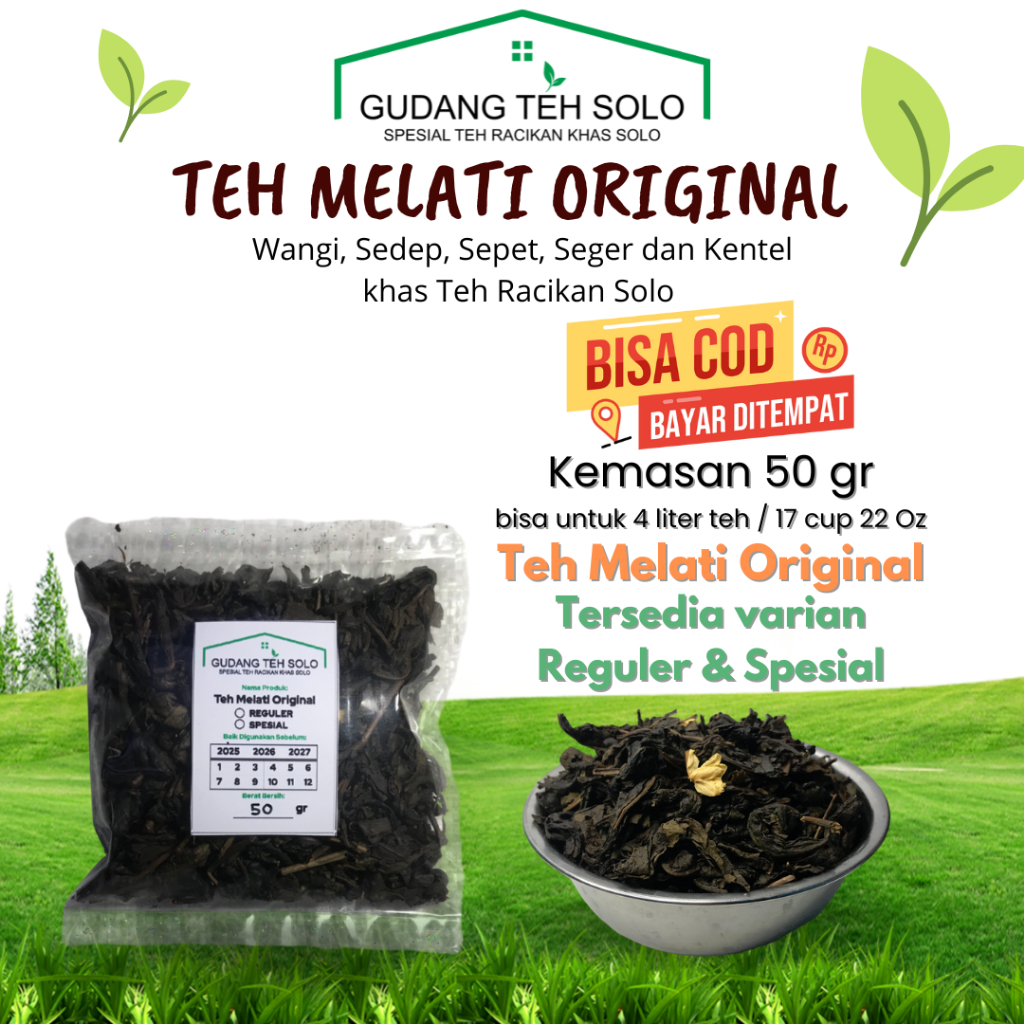 

Teh Melati Original, Teh Racikan khas Solo, Wangi Sepet Sedep Kentel kemasan 50 gram