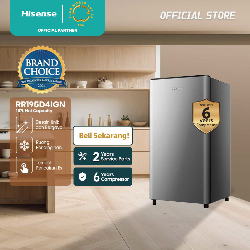 Hisense Kulkas (Refrigerator)1 Pintu Kapasitas 157L RR195D4IGN -- Silver【Separate Chiller】【Semi-auto