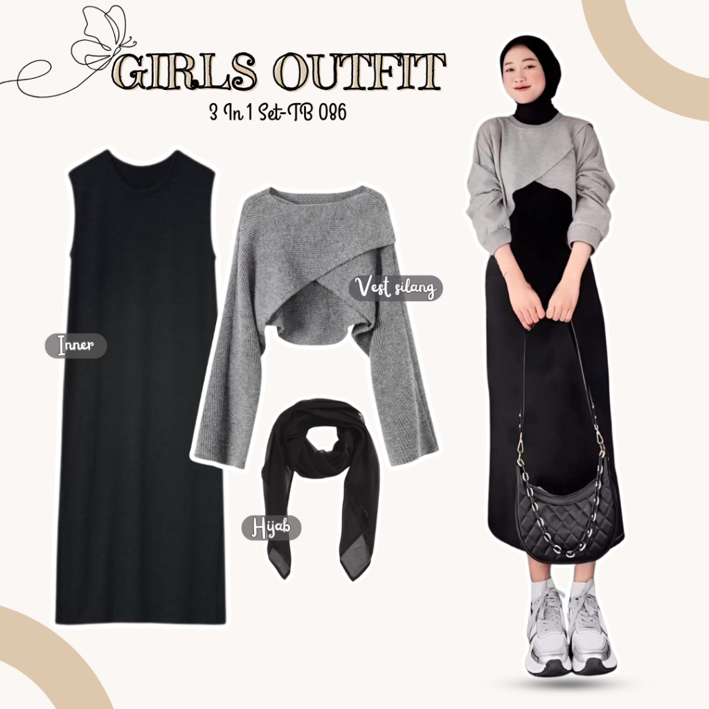 TB 086 | Oneset Baju Remaja Outfit Stylish Hijab | Atasan Vest Silang Abu Long Dress Inner Hitam dan