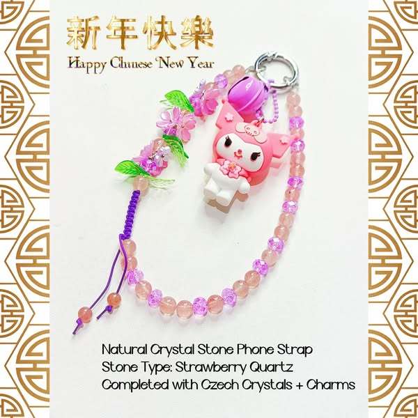 CUSTOM PHONE STRAP CRYSTAL STONE ASLI BATU ALAM NATURAL KEBERUNTUNGAN LUCKY KUROMI SANRIO IMLEK SINC