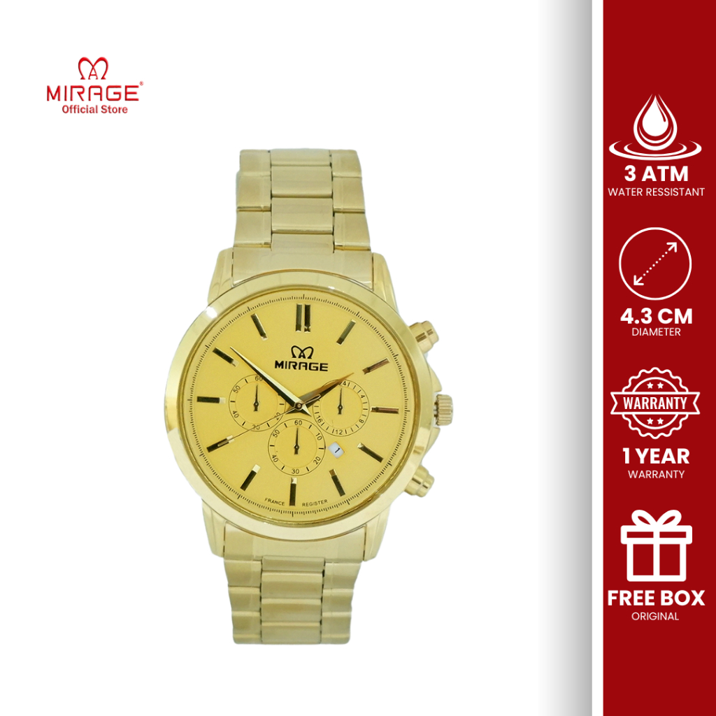 Mirage Original Jam Tangan Analog Pria Mewah Gold Emas 8789 M Anti Karat Stainless Chrono Variasi